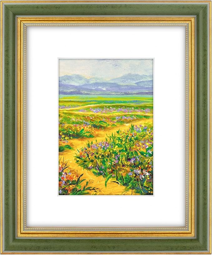 Golden State Art,8x10 Ornate Picture Frame for 5x7 Photo with Mat or 8 x 10 Prints Without Mat, Real Glass Wall & Tabletop Display Horizontally or Vertically (Color:Green Gold)