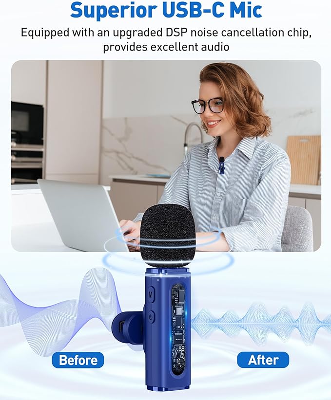 USB C Lavalier Microphone Wireless Mini Mic for Type-C Android Phone/Tablet/PC Video Recording Clip-on Mics with Rotatable Clip&Denoise Recording, Ideal for Vlog Tiktok Youtube Content Creator, Blue