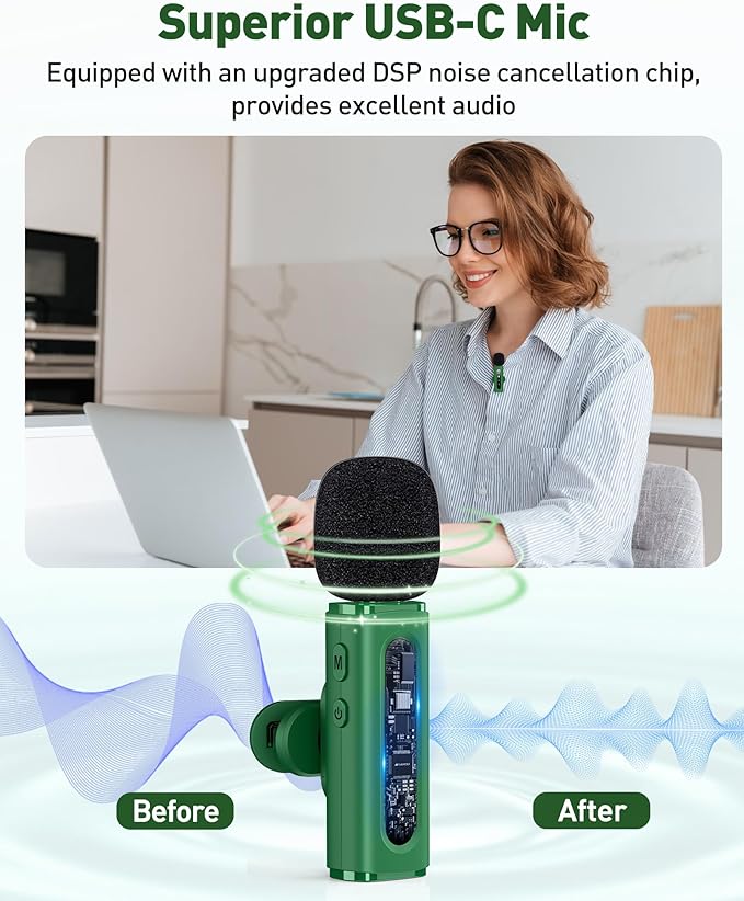 USB C Lavalier Microphone Wireless Mini Mic for Type-C Android Phone/Tablet/PC Video Recording Clip-on Mics with Rotatable Clip&Denoise Recording, Ideal for Vlog Tiktok Youtube Content Creator, Green