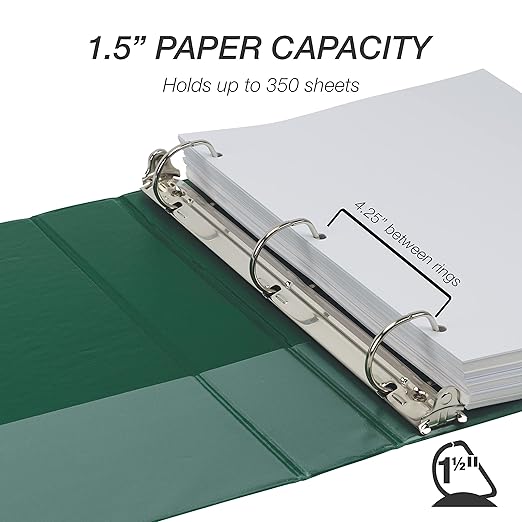 Samsill Durable 1.5 inch 3 Ring Binder, Made in USA, D Ring Binder, FSC 100% Recycled Chipboard, Green, 4 Pack