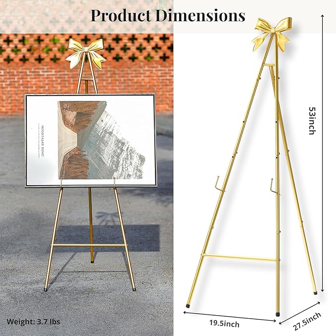 53”H Metal Gold Easel Stand for Sign, Large Adjustable Display Standing with Butterfly Bow Top for Wedding Displaying Pictures Poster Holder Showcasing