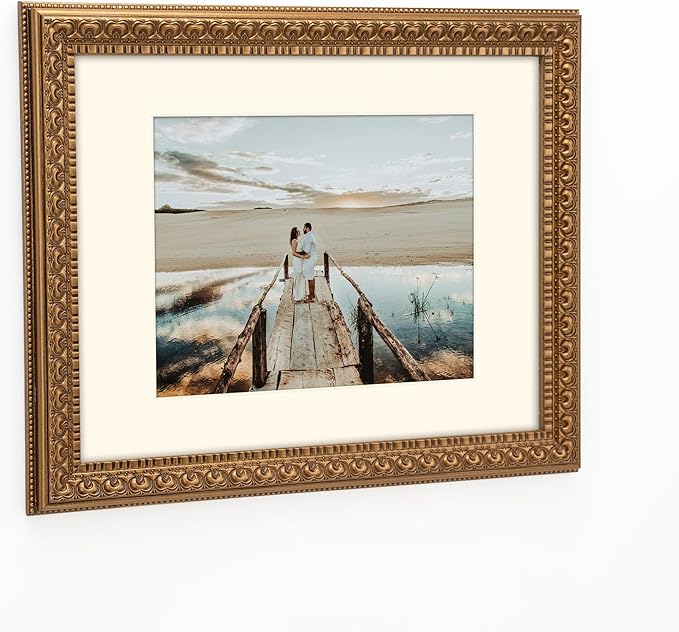 11x14 Antique Gold Wood Ornate Vintage Classic Picture Frame, With Mat 8x10 inches, Real Glass Protection, Horiztonal or Vertical Display
