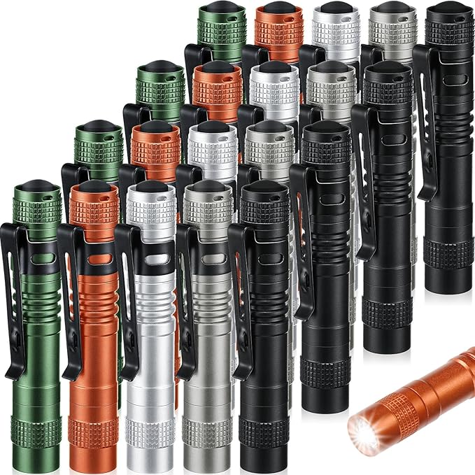 Hortsun 20 Pcs Mini Pen Light Flashlights Christmas Gifts for Men Pocket Flashlights Pen with Clip Small LED Handheld Slim Torches Without Battery(3.54 Inch,Black, Green, Brown, Silver White, Gray)