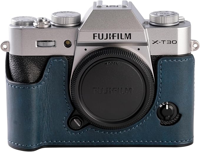 Handmade Genuine Leather Camera Half Case for FUJIFILM X-T30III /FUJIFILM X-T30III Camera Case/FUJIFILM X-T30III Case - Top Layer Cowhide Body + Metal Base Plate (Museum-C-Blue)