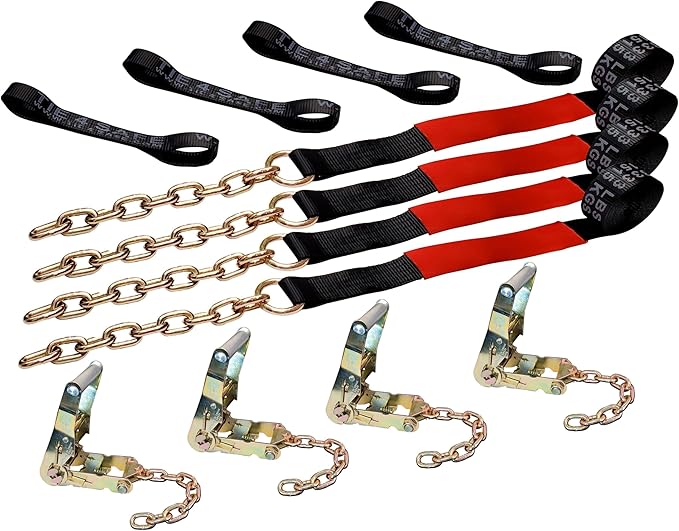 Mega Cargo Control Black Heavy Duty 8 Point Tie Down RollBack Tow Set with Ratchet Chain Extension and Black Sleeve Protectors