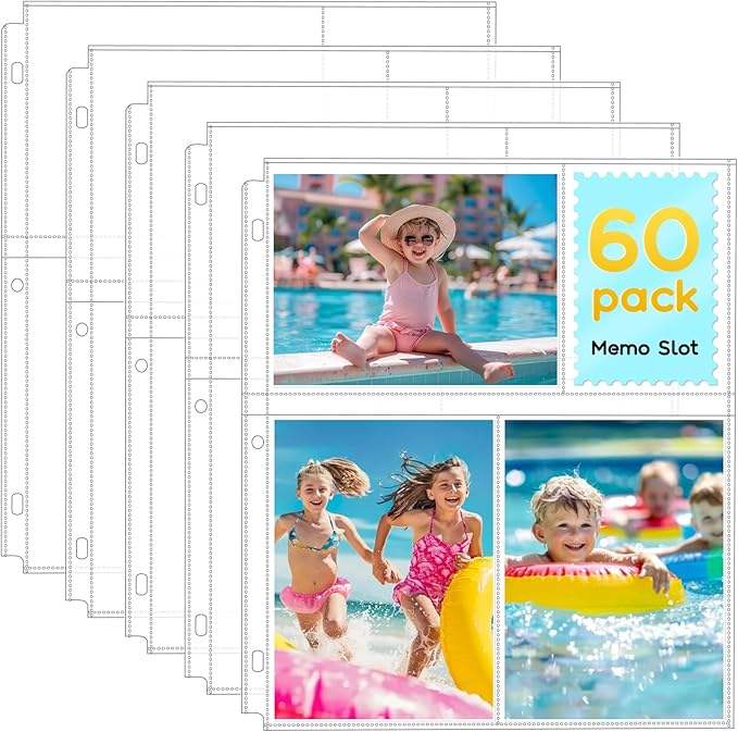 Fabmaker 60 Pack 4x6 Photo Sleeves for 3 Ring Binder - Clear Archival Photo Protector Sleeves, Acid Free Plastic, 8.5x11