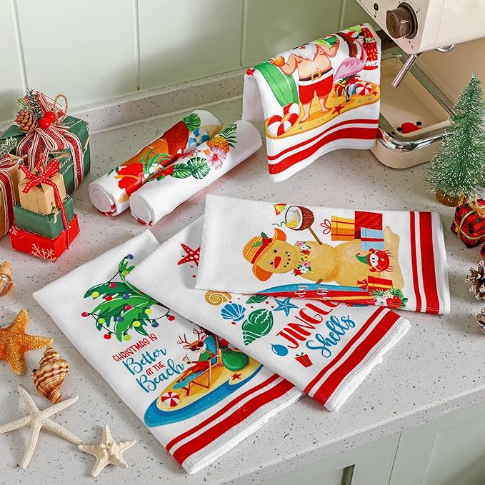 Preboun 6 Pcs Beach Christmas Kitchen Towels Hawaii Tropical Decorative Hand Towels Santa Gingerbread Man Merry Christmas Dish Cloth Farmhouse Tea Cloth Bathroom Decor