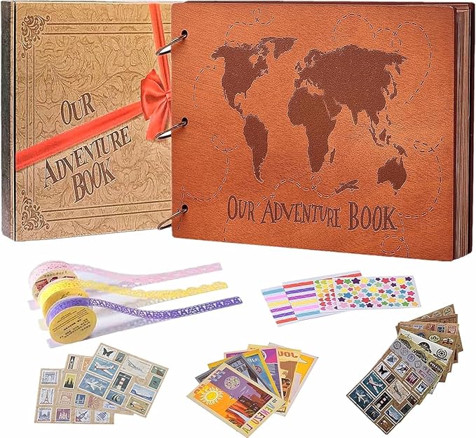 Adventure Book 3D Wooden Cover Scrapbook Photo Album 11.92 x 7.62"Timeless Memory Journal for Unforgettable Adventures&Precious Moments-Ideal for Anniversaries,Travel & Couple Gifts (3D Map Style)