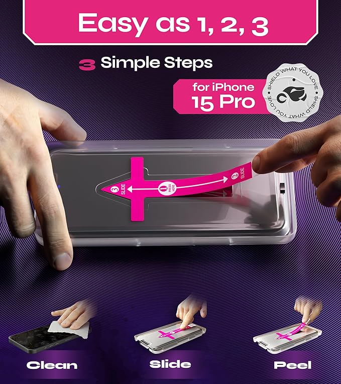 Defenslim Screen Protector for iPhone 15 Pro (2Pack), Easy Auto-Align Install Kit, 6.1" Tempered Glass, 9H Hardness, Ultra HD Clear, Case Friendly, EasyShield