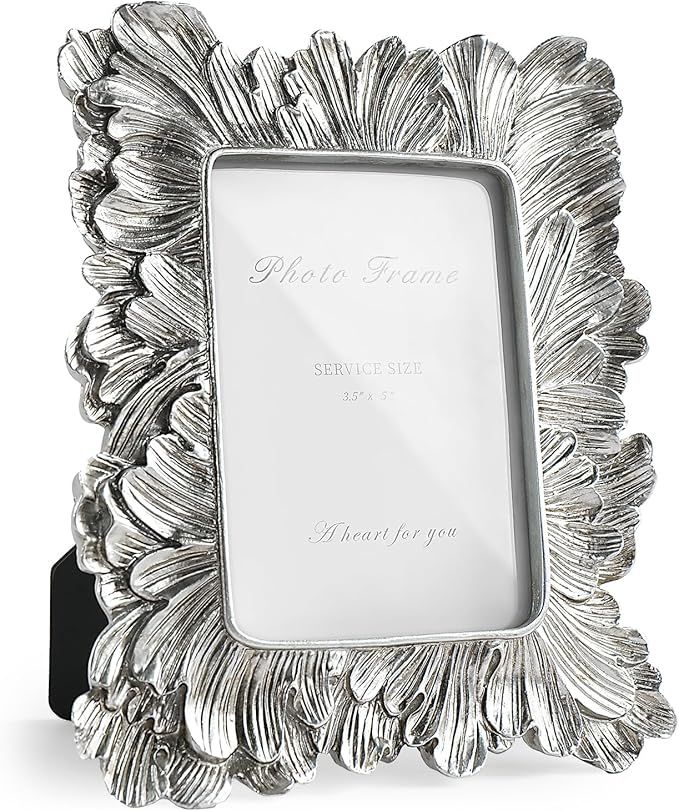 Cuspin Silver 3x5 Picture Frame, Vintage Silver Palm Leaves Textured Hand-Crafted Resin with Glass Front, Small Frames Elegant Wedding Frame for Wall Hanging and Tabletop Display