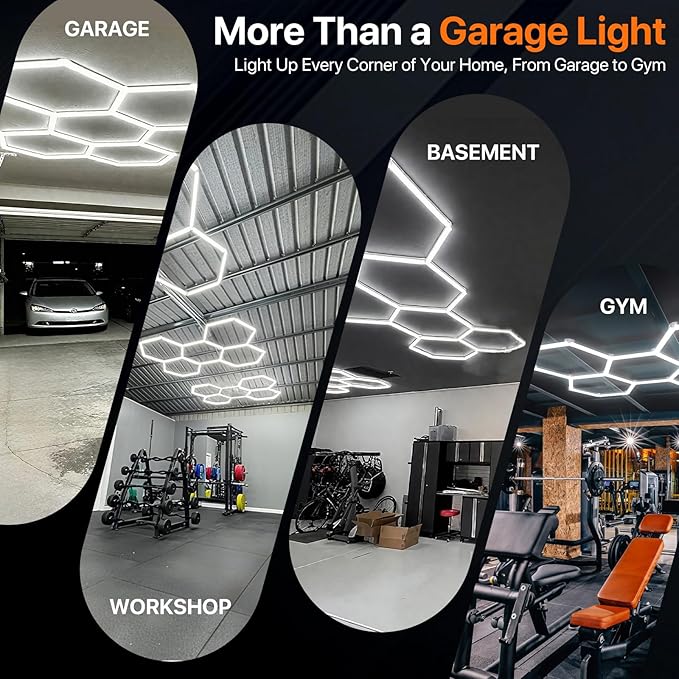 Hexagon Garage Lights: 245W 8 Grids Hexagon Led Lights, 6500K Ultra Bright Hex Light, Honeycomb Light for Garage, Shop, Basement, Barber, Homegym