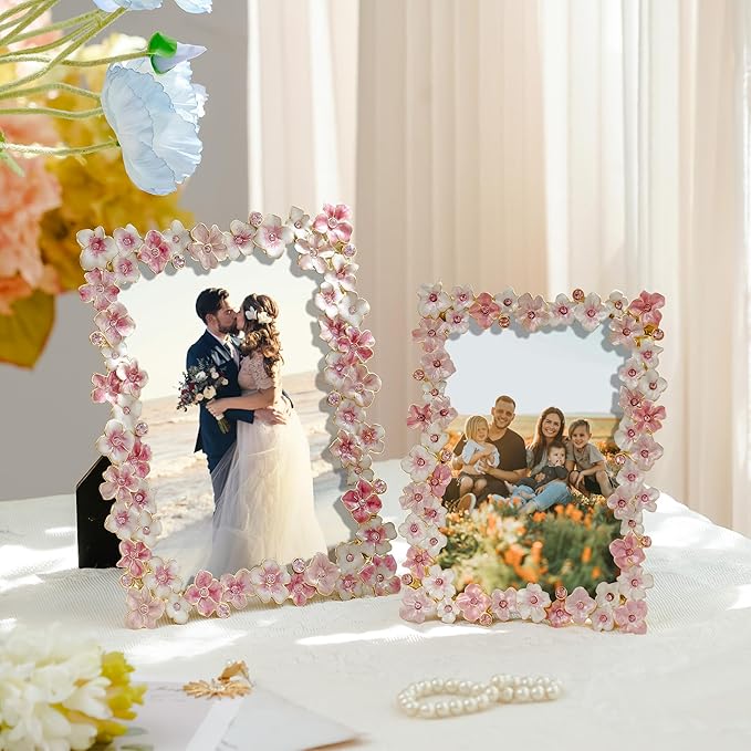 Pink Flower Picture Frame 5x7 Blossom Photo Frame for Tabletop Display, Decorative Flower Design Home Decor