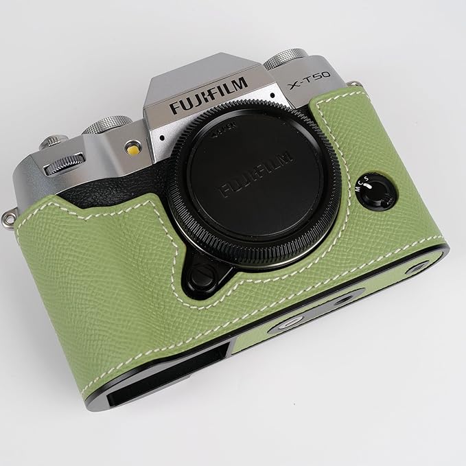 Handmade Genuine Leather Camera Half Case for Fujifilm X-T50/Fujifilm X-T50 Camera Case/Fujifilm X-T50 Case - Top Layer Cowhide Body + Metal Base Plate (Vert Criquet)