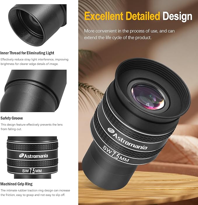Astromania Telescope Eyepiece 7.5mm, Wide Angle 58 Degree Apparent Field Planetary Eyepiece for 1.25 inch Astronomy Telescope & Filter, Fully Multi-Coated Telescope Accessory for Planetary Observation