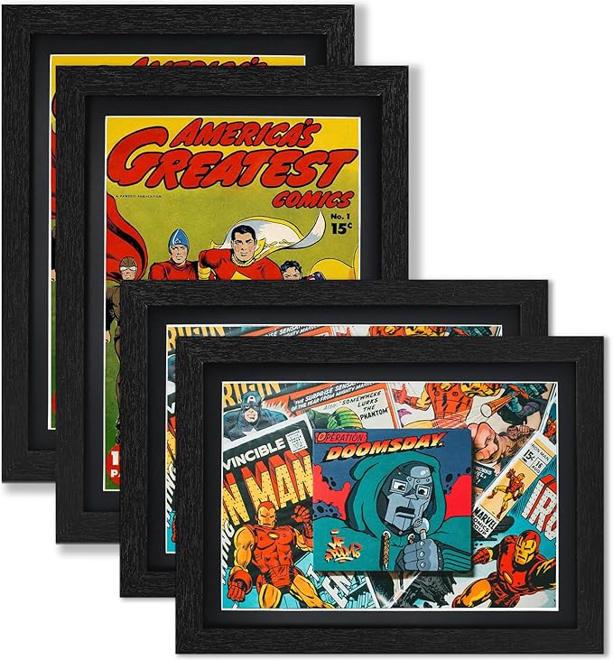 JupDec Comic Book Frame, Premium Wood Display Case for 6 11/16" × 10 3/16" Comic, Wall Mount or Tabletop Stand, Layered Design with Positioning Mat, Perfect for Home Decor, 4 Pack, Black