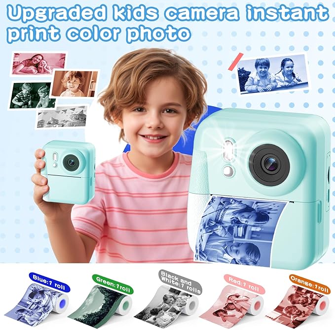 Kids Camera Instant Print Color Photos, Dual-Lens Instant Print Camera for Kids, Toddler Portable Travel Digital Camera Toy for 6 7 8 Year Old Boys Girls Christmas Birthday Gifts 64GB Card