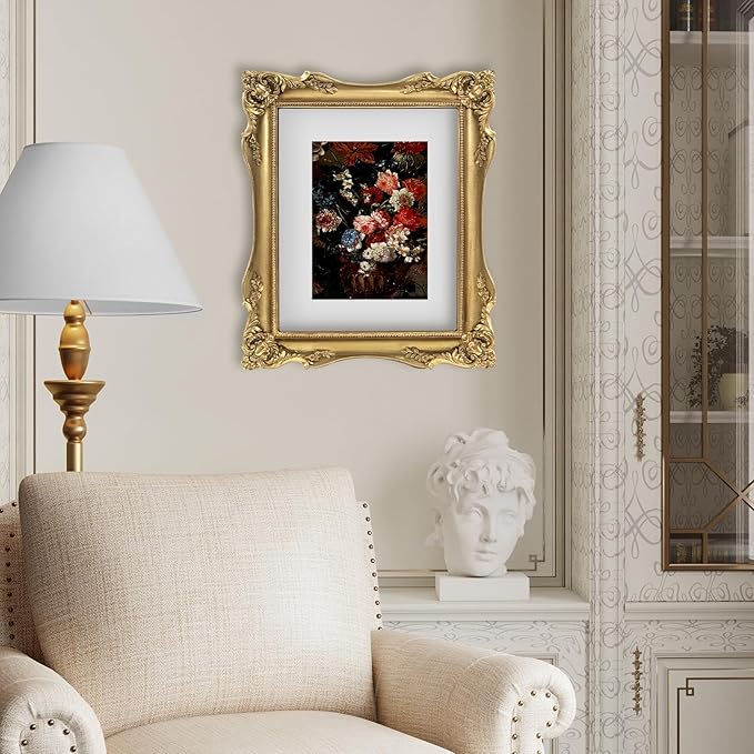 8x10 Vintage Picture Frame Gold, Ornate Baroque Gothic Victorian Frames with Mat for 5x7 or 8 x 10 Photos, Tabletop or Wall Display, Antique Home Decor Accent