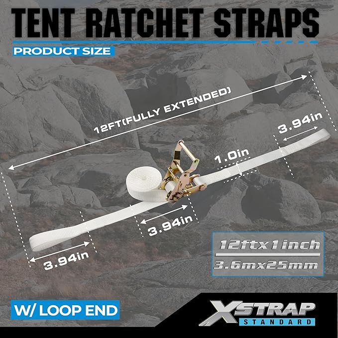XSTRAP Standard 4PK 1" Ratchet Tent Straps with Loop End - Heavy Duty 2500lbs Breaking Strength, Secure Tents & Canopies for Camping/Events, 12ft Tie Down Straps, Durable Polyester Webbing