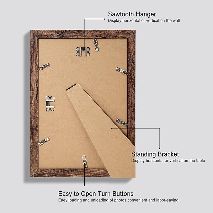 8x12 Picture Frame Set of 4, Made of Glass and Rustic Brown Wooden Frame - Display 6x8 Picture with Mat or 8 x 12 Poster Without Mat, 8 by 12 Photo for Wall or Tabletop