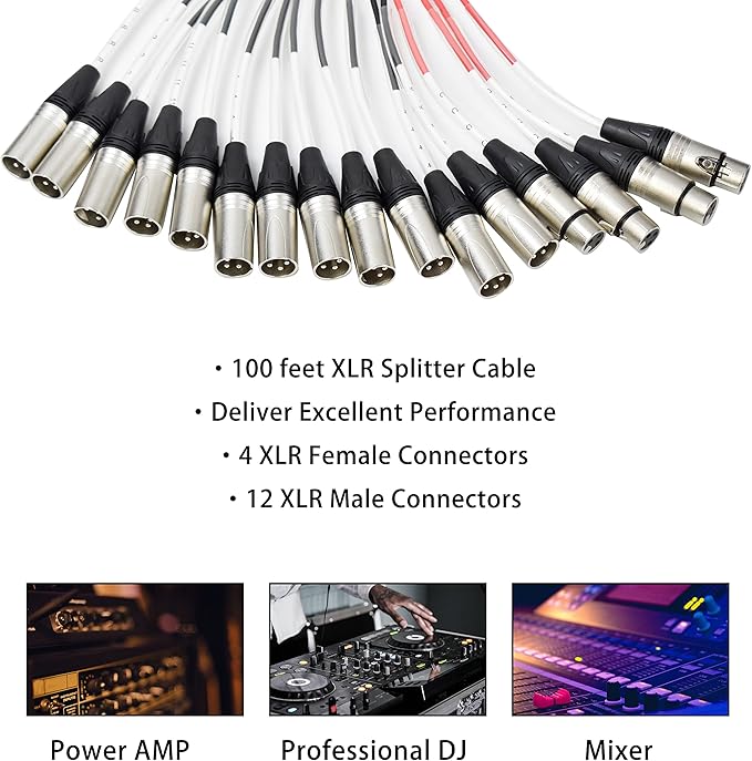 PRORECK 12-Channel Low Profile XLR Send Circuit Board Snake Cables, XLR Splitter Cable for Live, Recording, Stage, Studio, 100 Feet Long