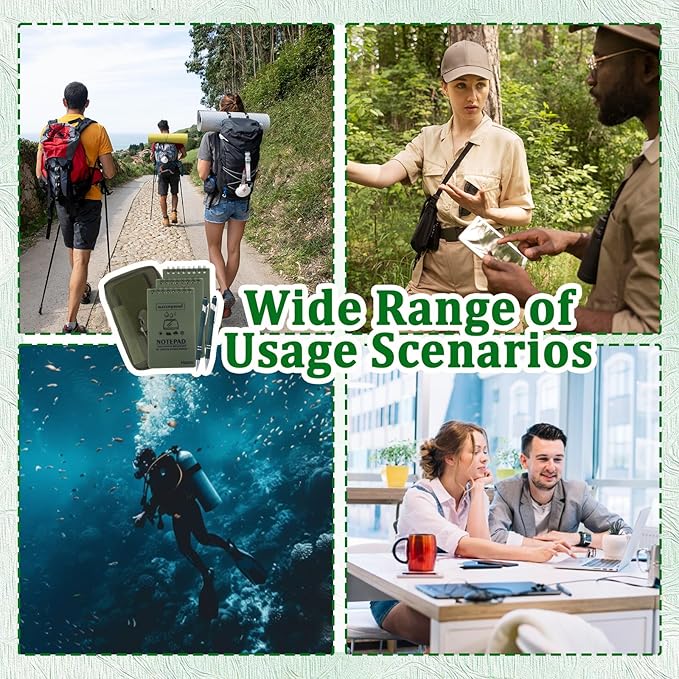 6 Pcs Waterproof Notebook Set, Write in The Rain Notebook, All Weather Notebook, Police Notepad, Field Notes Notebooks, 3 × 5" Pocket Notebook with Pen and Cover for Outdoor Activities Recording Green