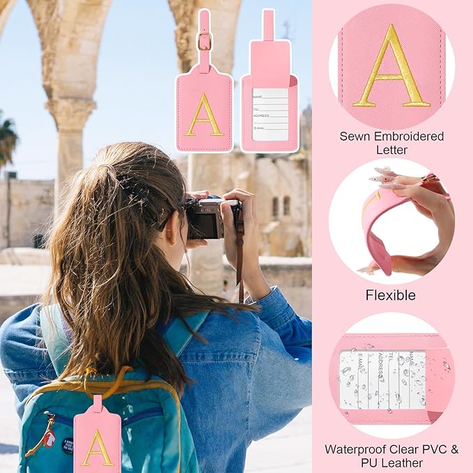 Initial Luggage Tags for Suitcases, Cute Embroidered Letter Luggage Bag Suitcase Identifier Name Baggage Tag, PU Leather Travel Luggage Tags, Bag Tags for Men Women Kids Luggage Handbags(Pink A)