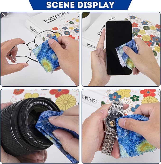 Pattern Printed Soft Microfiber Cleaning Cloths 16 Pieces for Eyeglasses (Patterns Randomly Sent), Camera Kens, Cell Phones, CD, DVD, Computers, Tablets, Laptops, Telescope, LCD Screens