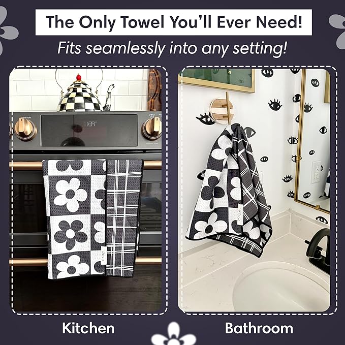 Reversible Microfiber Towel - Ultra Absorbent, Quick-Drying Hand Towels - Modern Design, Scratch-Free, Lint-Free for Kitchen, Bathroom, Car Cleaning - 19x29 Inches, Set of 1 (8 Track- Black/White)