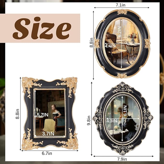 3 Pcs Black Vintage Picture Frame Set Antique Oval Picture Frames 4x6, 5x7 Inch Baroque Photo Ornate Frames with Glass Gift for Tabletop Hanging Wall Art Wedding Home(Vintage Style)