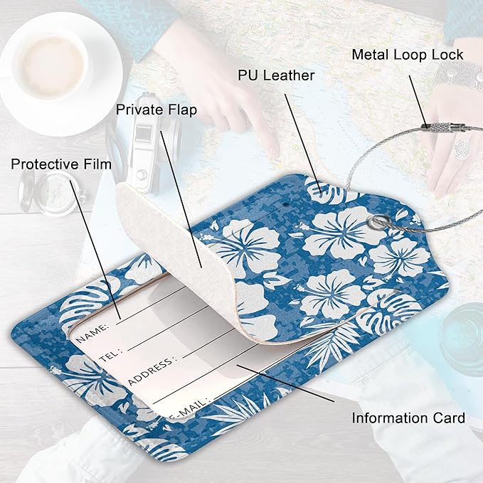Summer Luggage Tag for Suitcase,Blue Hawaiian Hibiscus Flowers Tropical Unique Travel Tags with Privacy Cover ID Label & Stainless Steel Loop for Men Women
