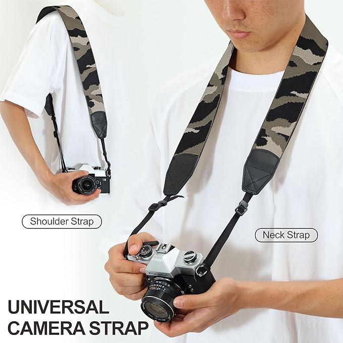 Padwa Lifestyle Camouflage Camera Strap - 2" Wide Genuine Leather Ends Camera Straps for Photographers, Vintage Forest Camo Strap with Camera Quick Release fits All Cameras