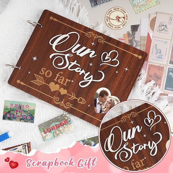 1 Year Our Story So Far Anniversary Scrapbook, Anniversary Wooden Couples Photo Album,Wooden Scrapbook Craft Kit,Memory Picture Journal with Vintage Stickers for DIY Wedding Valentine's Day Gifts