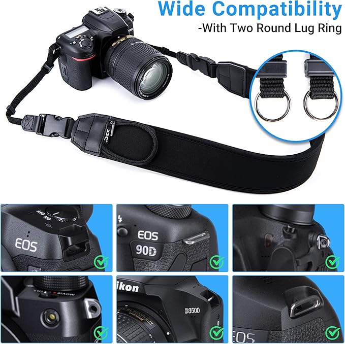 DSLR Camera Neck Strap, Soft Neoprene Shoulder Belt for Canon EOS R5 R6 5D Mark IV 6D Mark II SL3 SL2 T8i T7 T7i 90D 80D Nikon D6 D5 DF D850 D810 D780 D7500 D5600 D3500 with Zipped Pockets