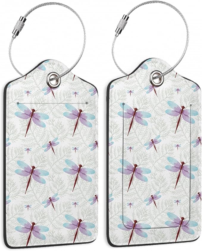 Dragonfly Luggage Tag,Pink Blue Leaves Luggage Tags of Set 2 Leather Identifiers Privacy Cover with Stainless Steel Loop for Women Men Travel Bag Suitcase