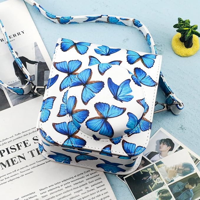 Frankmate Protective Case Compatible with Fujifilm Instax Mini 12 Instant Film Camera with Accessory Pocket and Adjustable Strap (Blue Butterfly)