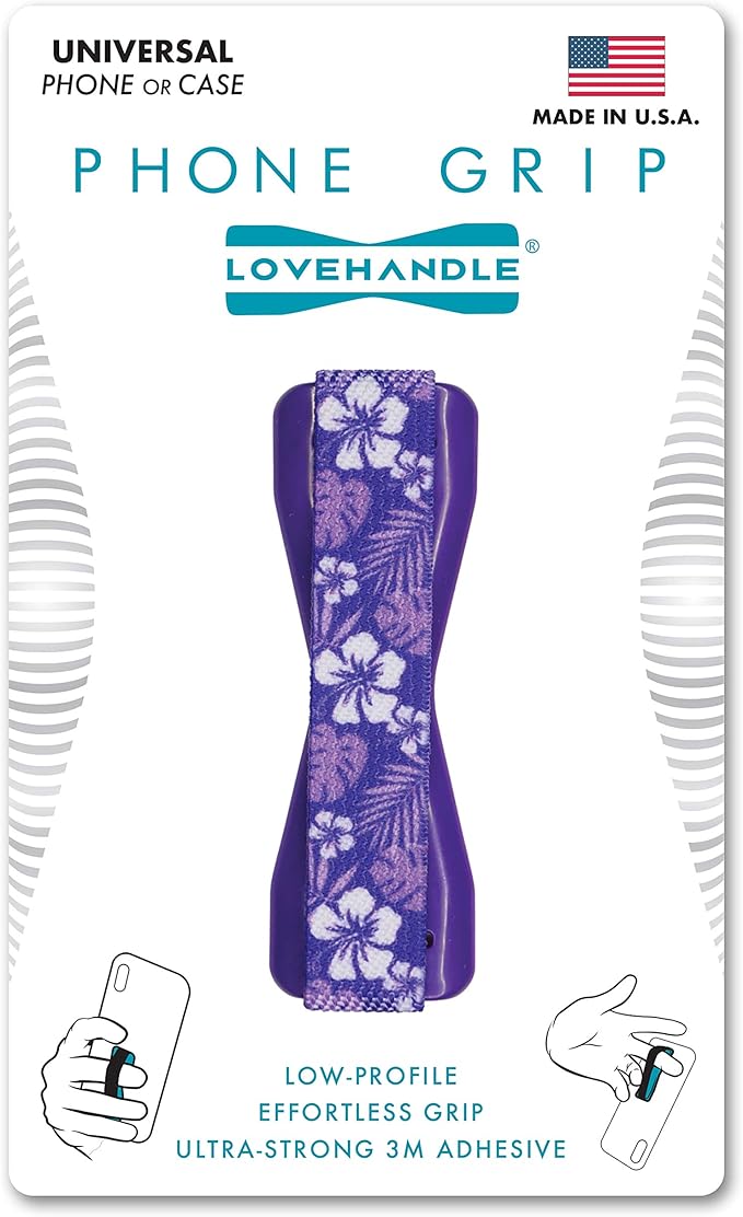 LOVEHANDLE Universal Phone Grip for Smartphones & Mini Tablets - Phone Holder for Hand - Wireless Charging Compatible - Made in The USA - Hibiscus Purple