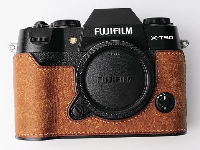 Handmade Genuine Leather Camera Half Case for Fujifilm X-T50 - Top Layer Cowhide Body + Metal Base Plate - Hand Shank Free Design (Yellowish Brown)