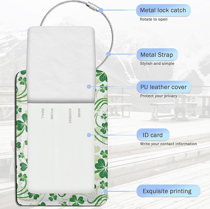3 Pack Luggage Tags,St.Patrick's Day Shamrock PU Leather Luggage Tags for Suitcase,Name ID Labels with Privacy Cover Suitcases and Metal Loop for Bag Suitcase