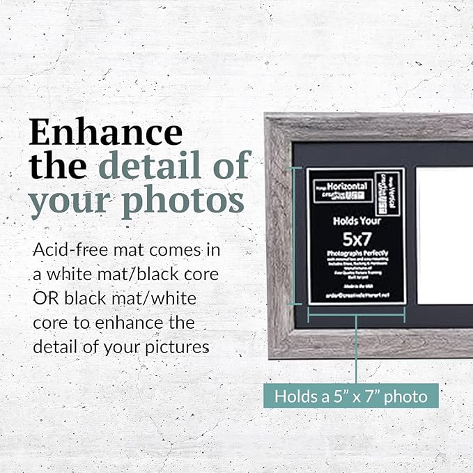 Creative Letter Art 7 Opening Driftwood Picture Frame with Glass to hold 5 by 7 inch Photographs including 10x40-inch Black Mat Collage