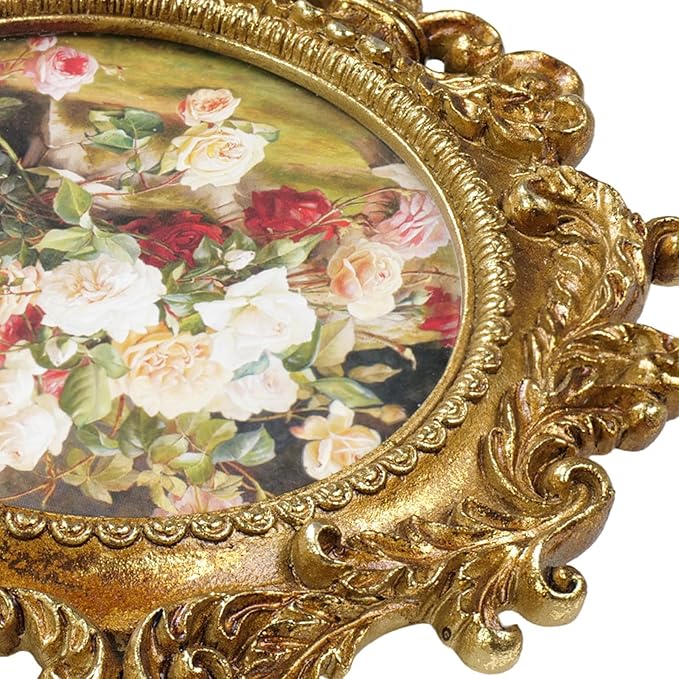 Cuspin Vintage Round Gold Picture Frame 4x4 Inch, Ornate Floral Resin Photo Frame with HD Glass, Antique Style Small Picture Frame for Tabletop or Wall Display, Retro Decorative Frame for Home Decor