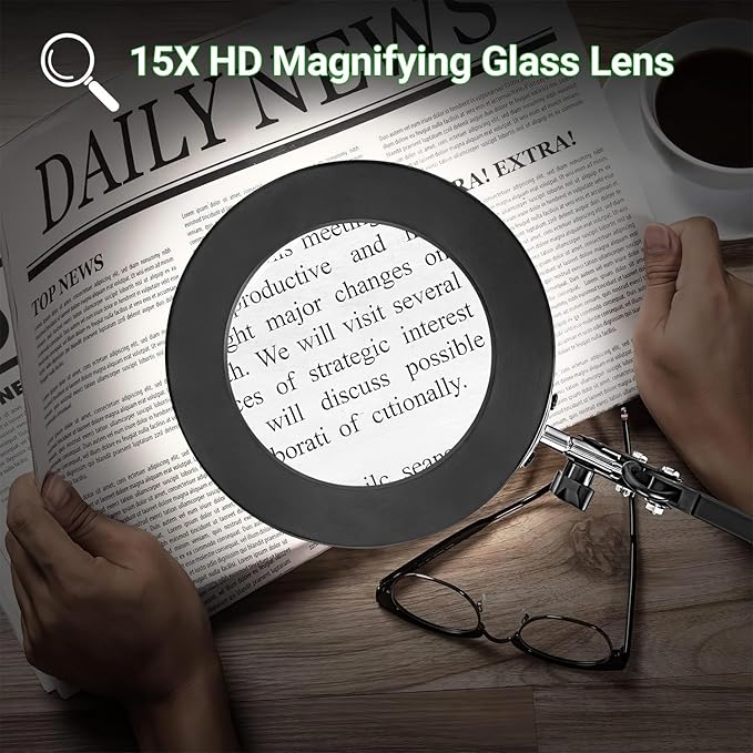 15X Real Glass Lens Magnifying Glass with Light – 3 Color Modes & Adjustable Brightness, Hands-Free Magnifier with Metal Base & Clamp for Crafts, Repair, Reading, Sewing, Painting & Close Work