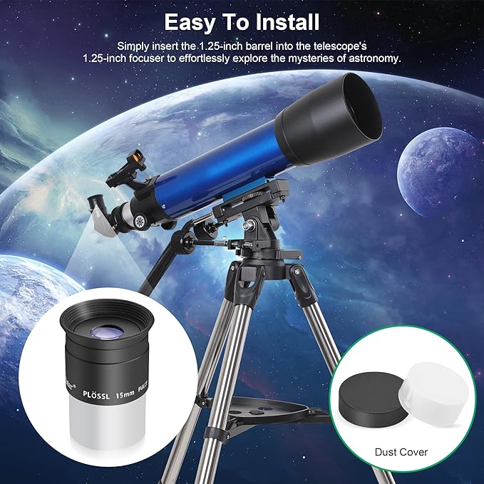 Alstar 1.25 Inch Plossl Telescope Eyepiece - 15mm Fully Multicoated Optical Lens for 1.25inch Astronomic Telescope and Astronomy Filters - 4 Element Plossl Design