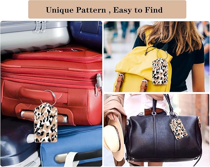 (Set of 2) Luggage Tag Leather Privacy Cover ID Label Address Card with Stainless Steel Loop, Travel Bag Tags Suitcase Labels, Leopard