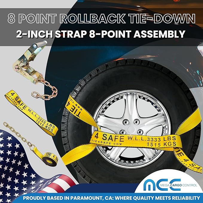 Mega Cargo Control Yellow Roll Back Tie Down System Chain Ends 8 Point Tie Down Kit for Car Hauler Carrier Tow Truck
