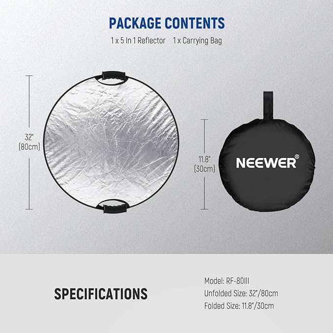 NEEWER 32"/80cm Light Reflector, 5 in 1 Foldable Multi Disc Photography Light Diffuser Translucent/Silver/Gold/White/Black with Clamp/Grips, 3/8" Thread/Cleaning Cloth for Outdoor Lighting, RF-80II