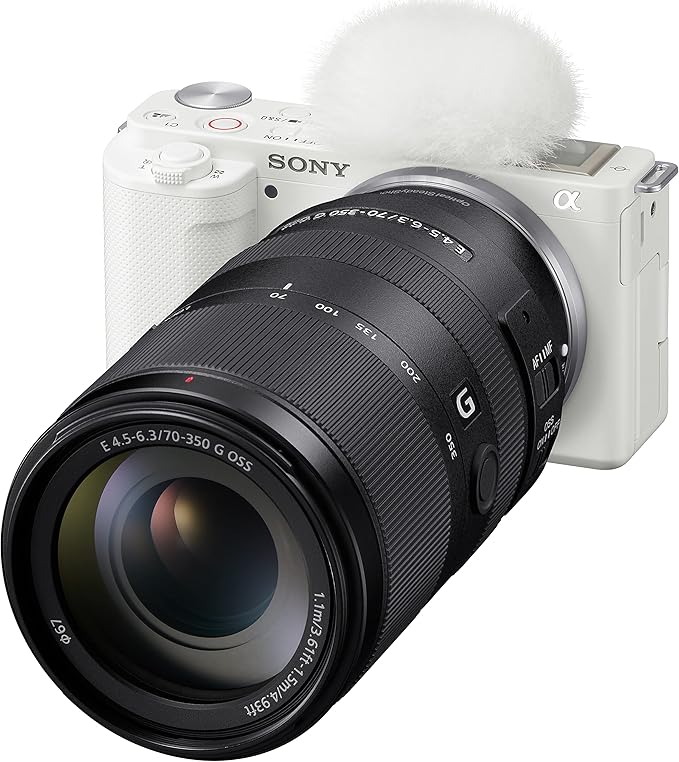 Sony ZV-E10 Mirrorless Alpha APS-C Vlog Camera Body and 70-350mm F4.5-6.3 G OSS Super-Telephoto Lens SEL70350G ILCZV-E10/W White Bundle with Deco Gear Case, Extra Battery, Photo Video Accessories Kit