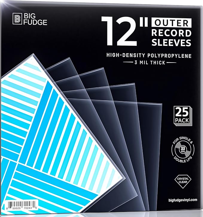 Big Fudge 12" Vinyl Record Sleeves - Outer Sleeves 25 Pack -Crystal Clear High-Density Polypropylene Vinyl Covers - Accessories Protect LP Albums from Dust, Dirt & Scratches