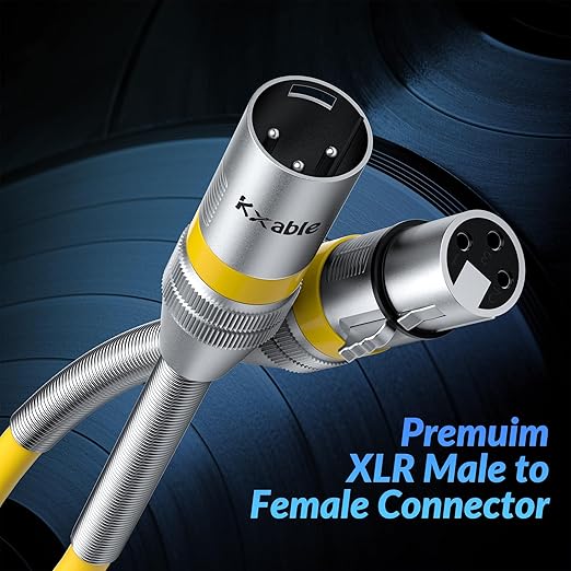 XLR Microphone Cable 15 FT, XLR Male to Female Balanced Mic Cable, 3-Pin Shielded Speaker Cord, Zinc Alloy Connectors, 22AWG Pure Copper, Metal Spring SR, Recording Studio, Podcast, Yellow