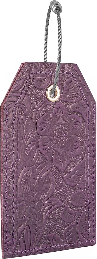 Genuine Leather Set of 2 Luggage Tag with Full Back Privacy Name ID Card Stainless Steel Loop Suitcase Labels Identifiers Baggage Tags Luggage for Women Men Travel (Purple Flower)
