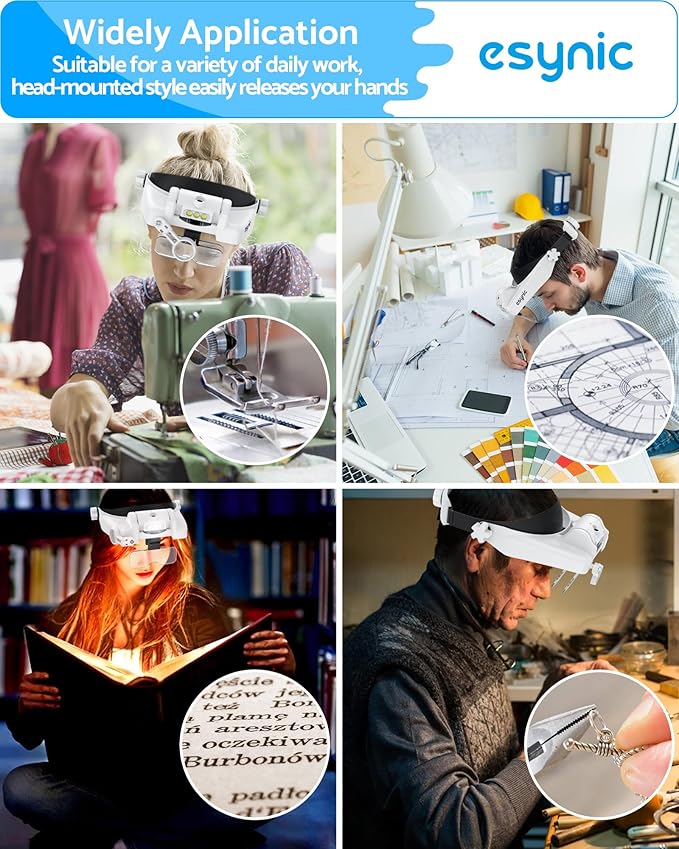 eSynic Type-C Rechargeable Magnifying Glasses Headset-Up to 14X Magnification with 5 Interchangeable Lense-3 LED Lights with 2 Adjustable Brightness Levels-Comfort & Fit Headband for Crafts/Reading
